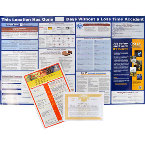 A photograph of a 11008 OSHA safety poster listing OSHA notices and safety information.