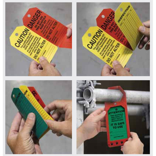 Photographs of an orange, yellow, and green 12257 3 in 1 scaffold status tag system being folded and placed in safety status tag holder.