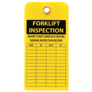 A photograph of a yellow 12200 forklift inspection tag, with 10 per package.