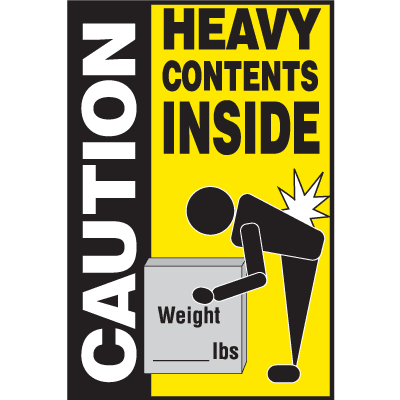 A photograph of a yellow and black 12302 caution heavy contents inside shipping label, with 500 per roll.