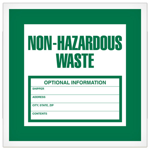 A photograph of a green and white 12324 non-hazardous waste label, with 500 per roll.