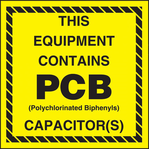 A  photograph of a yellow and black 12340 PCB Marker, EPA Reference 761.20(d), reading this equipment contains PCB capacitor(s).