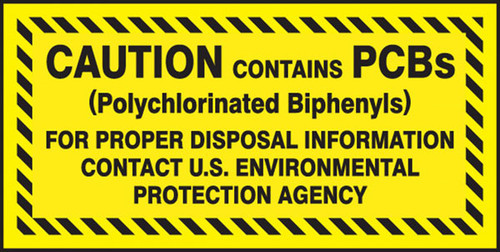 A photograph of a yellow and black 12343 PCB marker, reading caution contains PCBs, for proper disposal information contact U.S. Environmental Protection Agency.