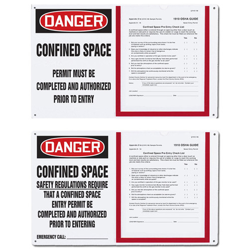 A photograph of two 08500 confined space permit holder boards, reading permit must be completed and authorized prior to entry and safety regulations require that a confined space entry permit be completed and authorized prior to entry.