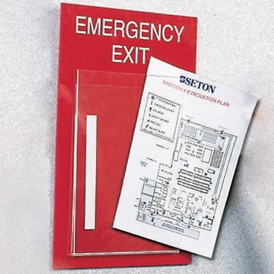 A photograph of a red 08200 emergency exit evacuation plan holder.