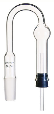 A photograph of a CG-1296-01 180 degree drying tube complete with 24/40 joint, rubber stopper, and glass inlet tube.