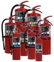 A group photo of various Ansul Sentry dry chemical fire extinguishers.