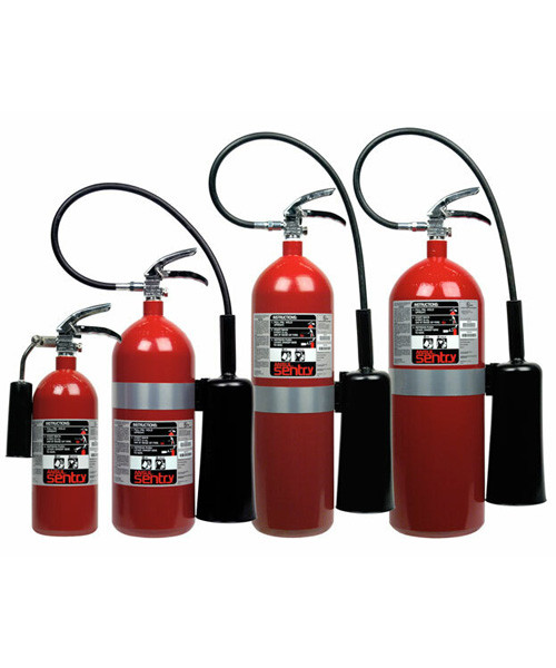A group photo of 5, 10, 15 and 20 lb Ansul Sentry CO2 extinguishers.