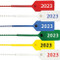 Red, white (with blue date), blue, green, yellow, and white (with red date) individual 2023 tamper seals.