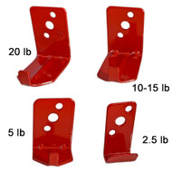 A photograph of four 09860 universal wall hanger hooks for fire extinguishers for 2.5, 5, 10-15, and 20 lb extinguishers.