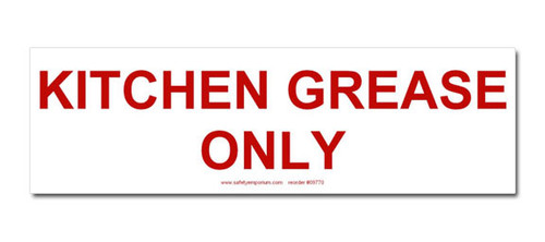 A photograph of a red and white 09970 kitchen grease only label.
