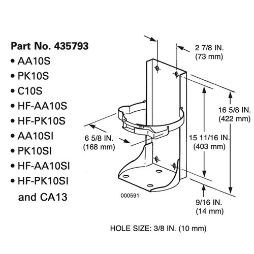 A dimensional drawing of an Ansul 435793 Vehicle Bracket For A10S Extinguishers.