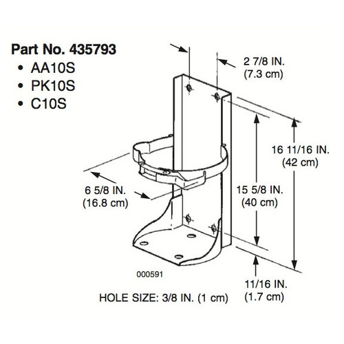 A dimensional drawing of an Ansul 435793 Vehicle Bracket For A10S Extinguishers.