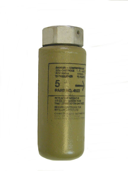 A photograph of a 09764 replacement gas cartridge for Ansul model 5 red line extinguishers.