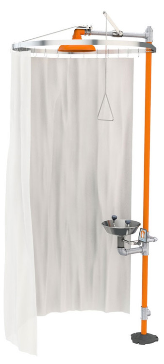 A photograph of the Guardian AP250-015 Modesty Curtain for Horizontal Showers and Safety Stations installed on a freestanding Guardian safety stations.