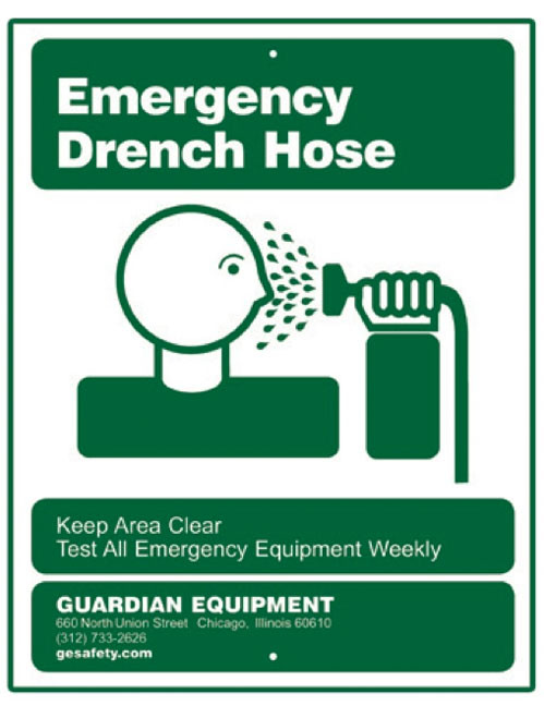 A picture of the green on white Guardian 250-006 Emergency Drench Hose Sign.