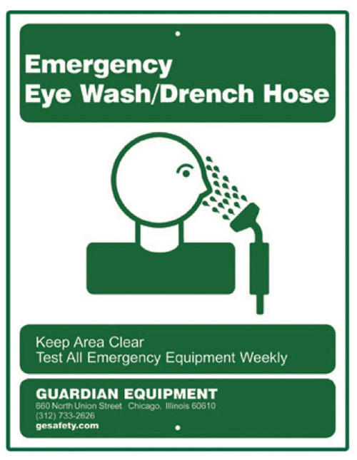 A picture of the green on white Guardian 250-010G Emergency Eye Wash/Drench Hose Sign.