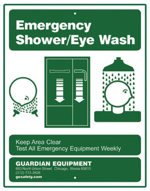 A picture of the green on white Guardian 250-012G Recessed Emergency Shower/Eye Wash Sign.