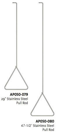 An annotated photo of the 29" AP050-079 (left) and 47.5" AP050-080 (right) stainless steel pull rods.