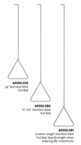 An annotated photo of the (left to right) AP050-079 29", AP050-080 27.5", and AP050-081 custom length stainless steel pull rods.