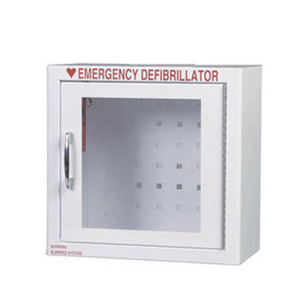A photograph of a white 13000 emergency defibrillator cabinet.