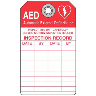 A  photograph of a red and white 13004 plastic emergency defibrillator (AED) inspection tag with 5 per package.