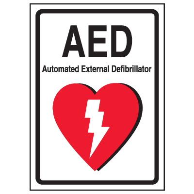 A photograph of a 13005 AED label reading AED automatic external defibrillator with graphic.