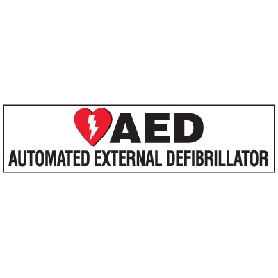 A photograph of a 13006 landscape AED label reading AED automated external defibrillator with graphic.