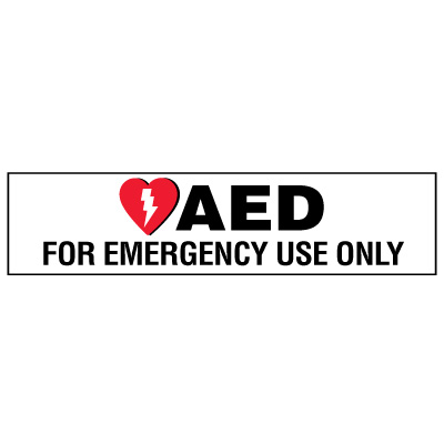A photograph of a 13007 AED label reading AED for emergency use only with graphic.