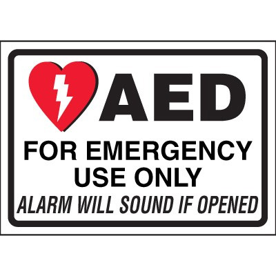 A photograph of a 13008 AED label reading AED for emergency use only alarm will sound if opened with graphic.
