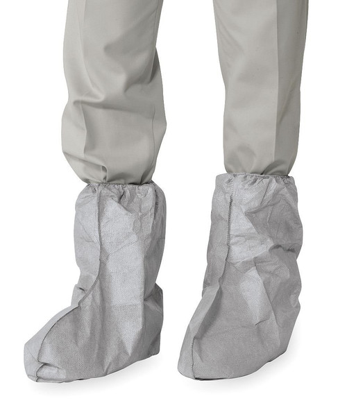 A photograph of a pair of gray 15001 dupont tyvek® boot covers in universal size, with 100 per case.