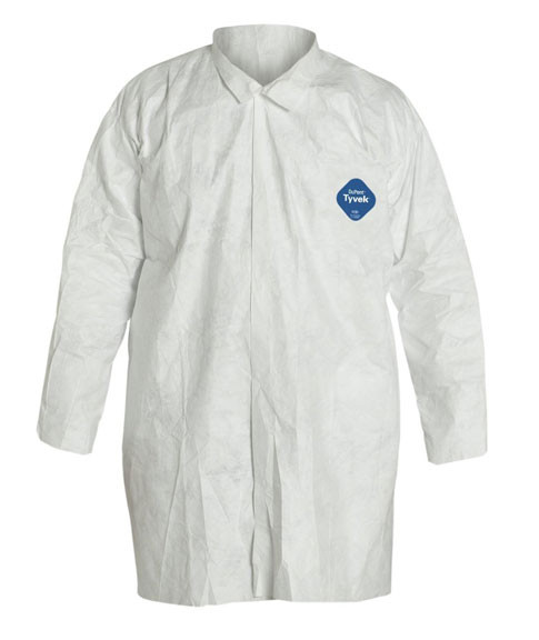 A photograph of a white 15010 DuPont Tyvek® lab coat, with 30 per case.