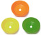 A photograph of an orange (top), yellow (bottom left), and green (bottom right) Guardian 100-009 Series ABS Plastic Eye/Face Wash Bowls