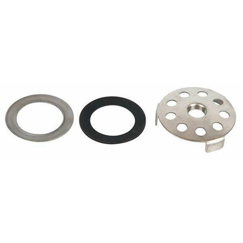 A photograph of the three components of the AP150-012B Stainless Steel Drain Plate Assembly for Stainless Steel Bowls, including (left to right) the cupped washer, gasket, and drain plate.