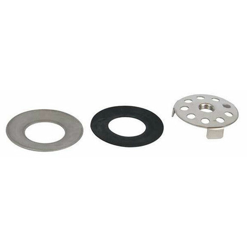 A photograph of the three components of the AP150-012A Stainless Steel Drain Plate Assembly for Plastic Bowls, including (left to right) the cupped washer, gasket, and drain plate.