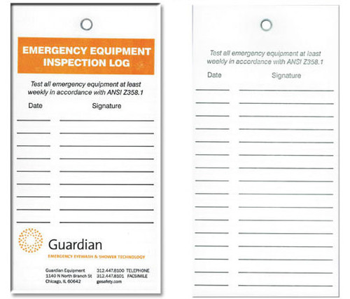 A picture of the front side (left) and back side (right) of the Guardian 250-060R Emergency Equipment Inspection Log Tags, 20/pkg