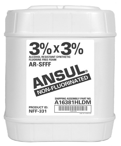 A black and white photograph of a ANSUL® NFF-331 3%x3% Non-Fluorinated AR-SFFF Alcohol-Resistant Foam Concentrate 5 gallon pail.