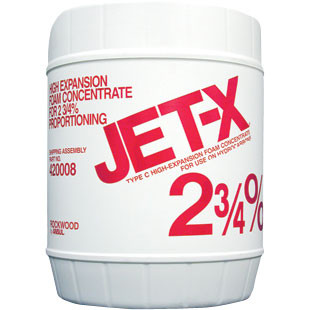 A  photograph of a 50018 JET-X 2 3/4% High-Expansion Foam Concentrate, in a 5 gallon (19 liter) pail.