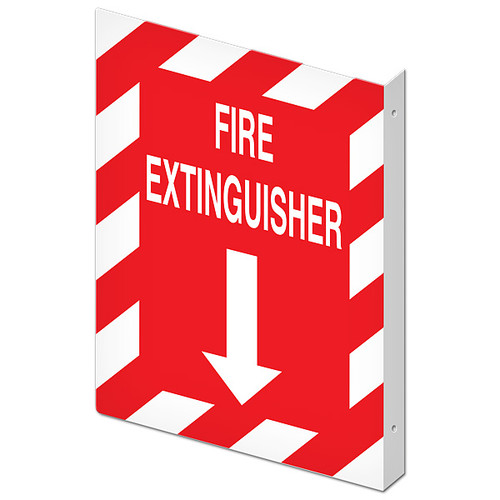 Picture of the Double-Sided Fire Extinguisher Wall-Projecting L-Sign, 10" w x 14" h.