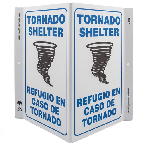 Picture of the Bilingual English/Spanish Tornado Shelter Wall-Projecting V-Sign w/ Tornado Icon.