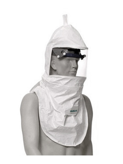 A photograph of a bl-20tic bullard 20tic tychem qc hoods w/ headband suspension, dual bib, being worn by a mannequin.