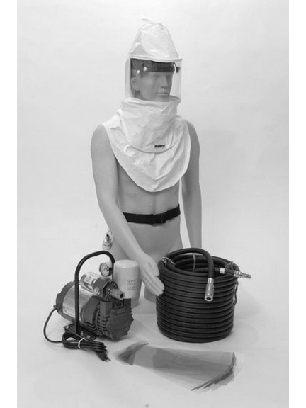 A photograph of a mannequin using a BL-CC20SYS Bullard CC20SYS complete airline respirator system.