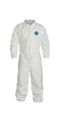 A photograph of white 15021 Tyvek® coveralls, with zipper front, and elastic wrists and ankles.
