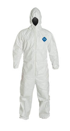 A photograph of white 15022 Tyvek® coveralls, with zipper front, elastic wrists and ankles, and hood.