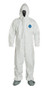 A photograph of white 15023 Tyvek® coveralls, with zipper front, elastic wrists and ankles, hood, and boots.