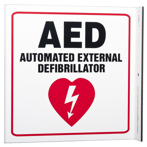 Picture of the AED Automated External Defibrillator Wall-Projecting L-Sign w/ Heart Icon.