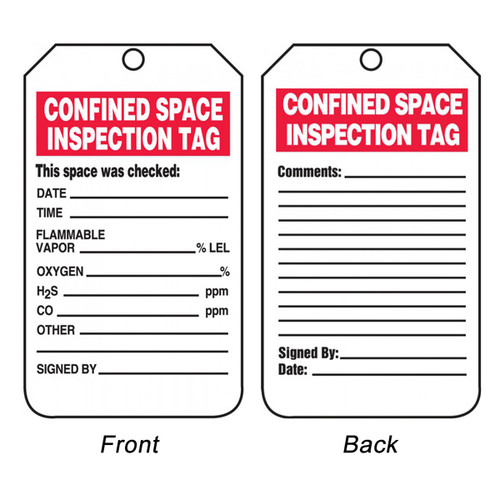 A photograph of back and front of a 08504 confined space inspection tag.