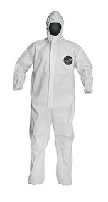 A photograph of front of a 15026 Proshield® 50 coveralls, with zipper front, elastic wrists and ankles, and hood.