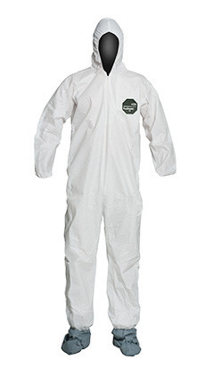 A photograph of front of a 15027 Proshield® 50 coveralls, with zipper front, elastic wrists and ankles, hood, and boots.