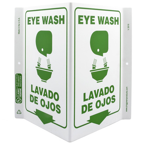 A photograph of a 00263-g bilingual english/spanish eye wash wall-projecting v-sign w/ graphics.